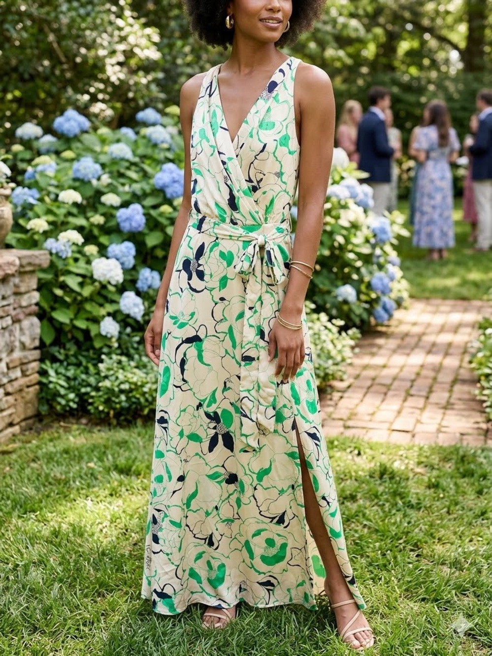 013. Floral Wrap Maxi Dress in Cream and Green